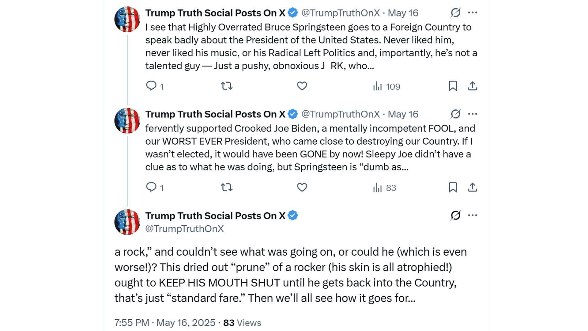Trump's Truth Social posts reshared on X (Image via X/ @TrumpTruthOnX)